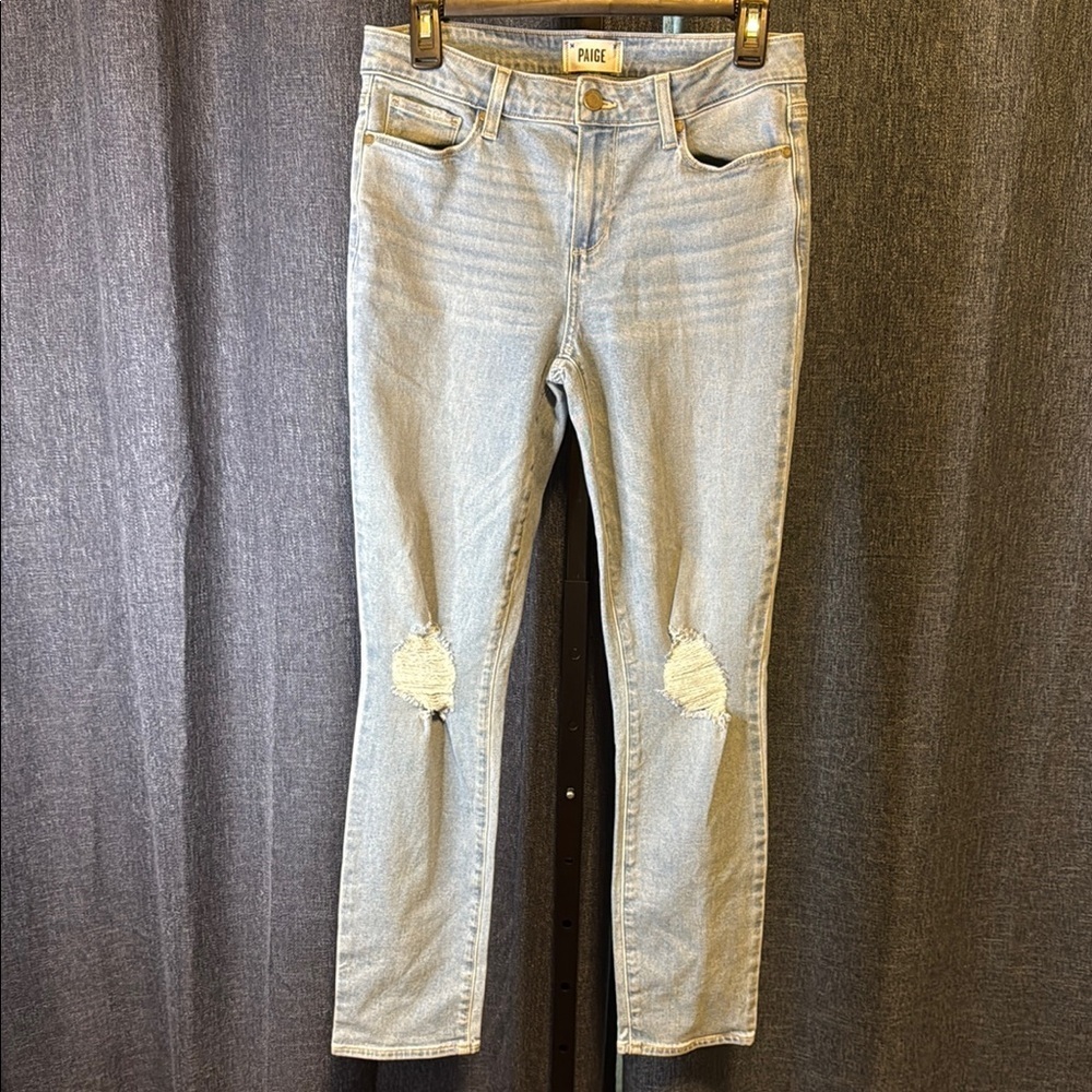 Paige Light Blue Distressed Skinny Jeans